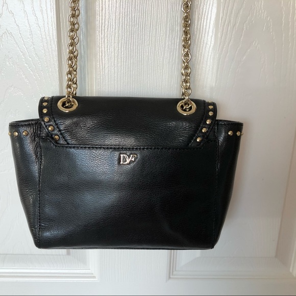 Dian Von Furstenberg Black Moto Leather Crossbody Purse Bag Nice Hardware Rivets - Picture 7 of 12